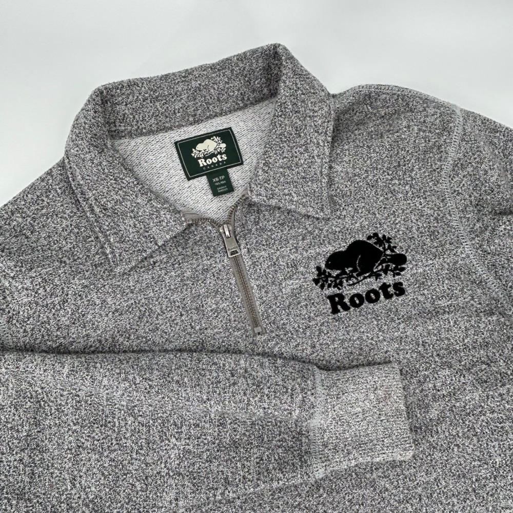 Roots Canada Salt and Pepper Quarter Zip Pullover Sweatshirt Grey XS TP‎
